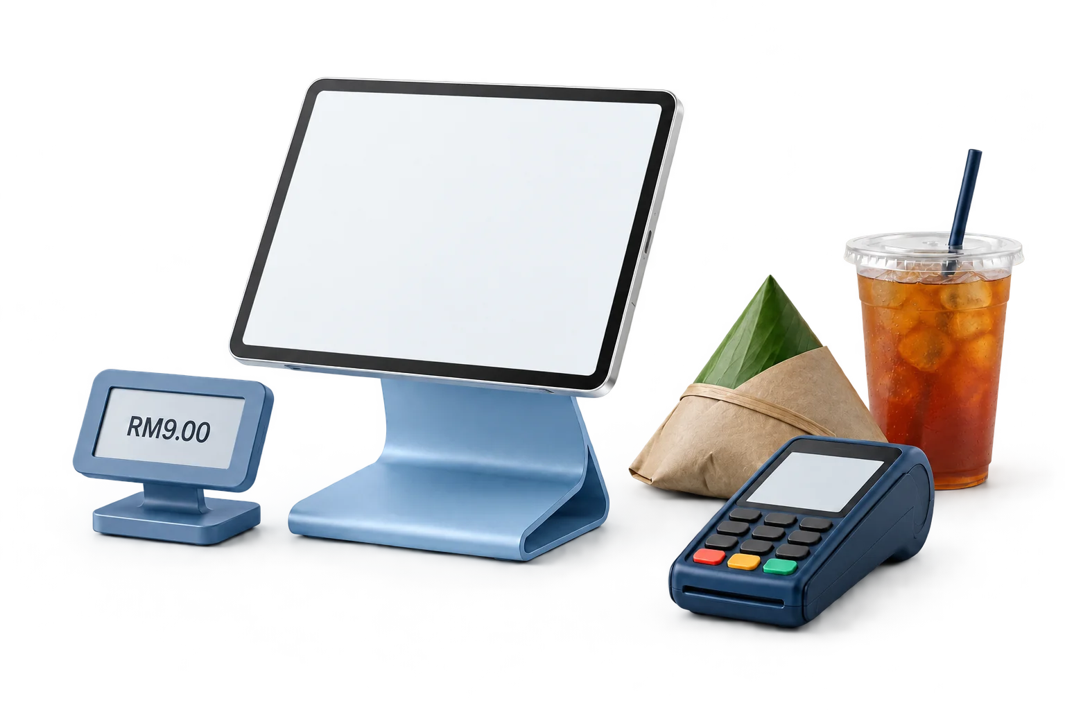 Illustrated blue POS concept with a blank tablet, customer display showing a sample amount, separate card terminal, nasi lemak and iced tea.